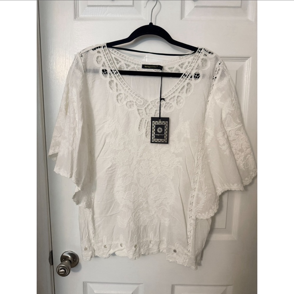 Spiaggia Dolce White Cotton Embroidered Boho Top Medium NWT